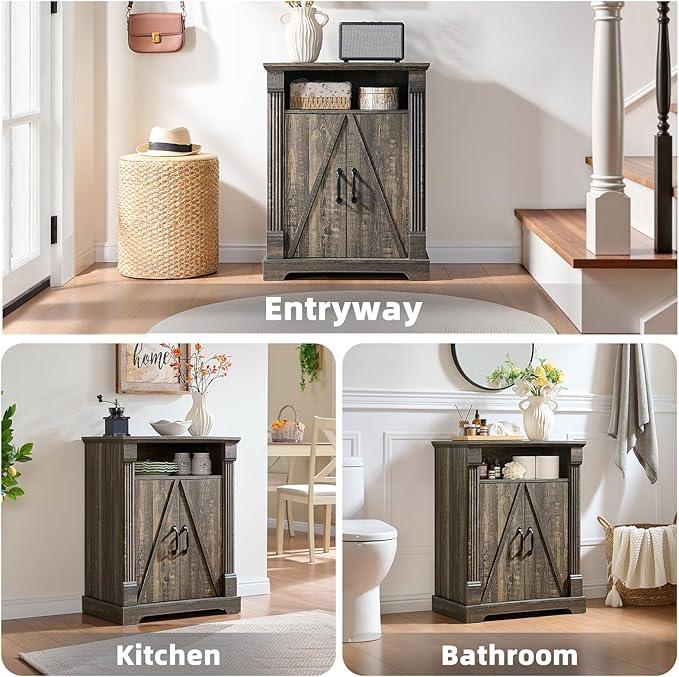 24" Farmhouse Storage Cabinet – Dark Rustic Oak Freestanding Buffet Sideboard with Barn Doors, Adjustable Shelf, Small Coffee Bar for Kitchen, Bathroom & Living Room - ModernBath