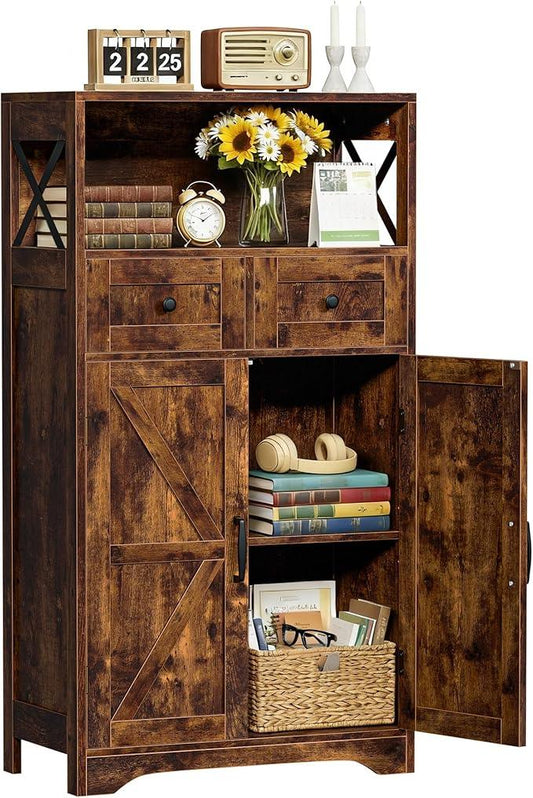 SUPER DEAL Farmhouse Storage Cabinet, Bathroom Floor Cabinet Kitchen Pantry with Doors and Drawers, Hutch Cupboard for Laundry, Living Room, Bedroom, Rustic Brown - ModernBath