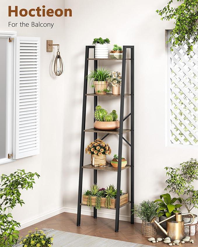 Hoctieon 5-Tier Industrial Ladder Bookshelf, Narrow Ladder Shelf, Tall Standing Bookshelf, Skinny Open Ladder Shelf, for Living Room, Home Office, Kitchen, Bedroom, Metal Frame, Greige - ModernBath