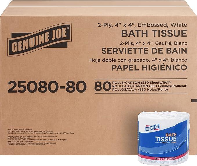 Genuine Joe Standard Bath Tissue, 4" x 4", 2-Ply, 550 Sheets/Roll, 80 Count - ModernBath