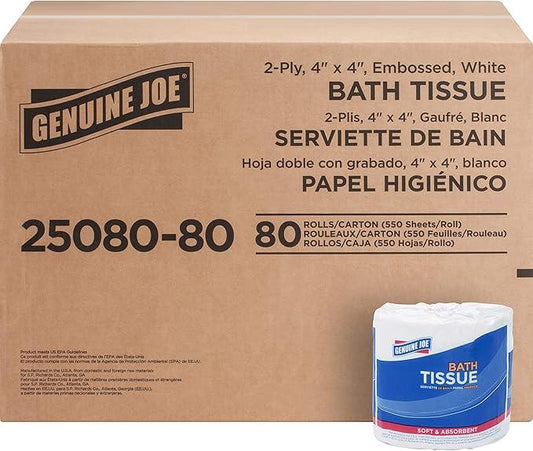 Genuine Joe Standard Bath Tissue, 4" x 4", 2-Ply, 550 Sheets/Roll, 80 Count - ModernBath