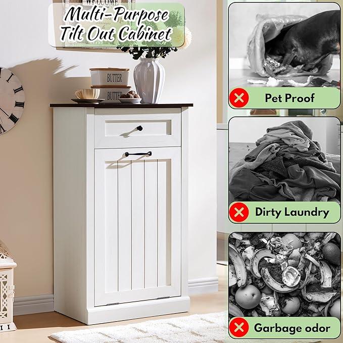 Tilt Out Laundry Hamper Cabinet, 10 Gallon Farmhouse Trash Can Cabinet with Drawer, Hidden Wood Garbage Can Bin Cabinet with Laundry Storage Basket for Bathroom, Kitchen, Antique White - ModernBath