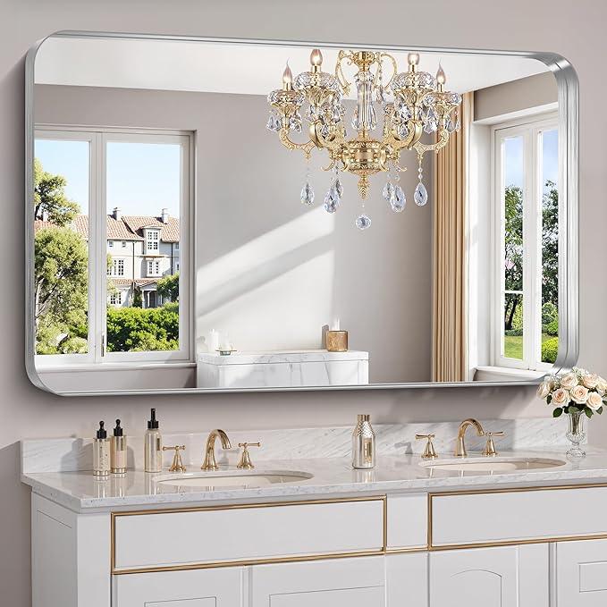 FORBATH 60x36 Inch Large Bathroom Mirror for Double Sinks, Brushed Silver Deep Frame Wall Mirror with Rounded Corners, Anti-Rust Tempered Glass for Modern Farmhouse Vanity (Horizontal/Vertical) - ModernBath