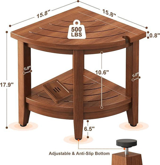 Jekruiet 18" Teak Corner Shower Stool, Inside Shower Stool with Storage Shelf, Waterproof Teak Stool for Shaving Legs and to Sit On, 2-Tier Shower Stool,Adjustable Feet, Non-Slip, Brown - ModernBath