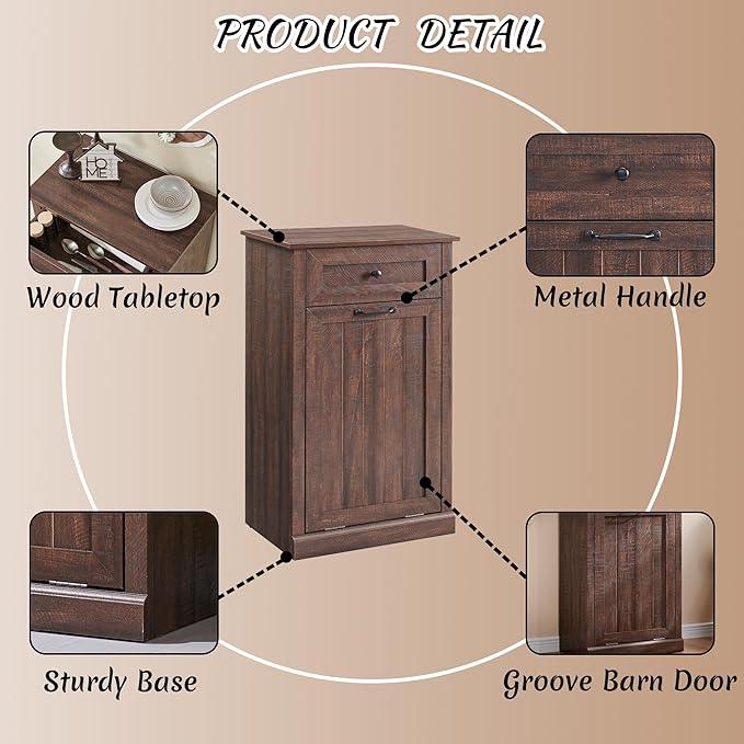 Tilt Out Laundry Hamper Cabinet, 10 Gallon Farmhouse Trash Can Cabinet with Drawer, Hidden Wood Garbage Can Bin Cabinet with Laundry Storage Basket for Bathroom, Kitchen, Brown - ModernBath