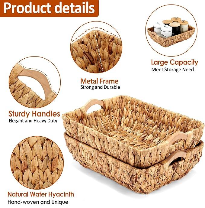 Wicker Baskets 2 Pack, Water Hyacinth Wicker Storage Basket with Wooden Handles, Hand-Woven Baskets for Storage, Natural - ModernBath