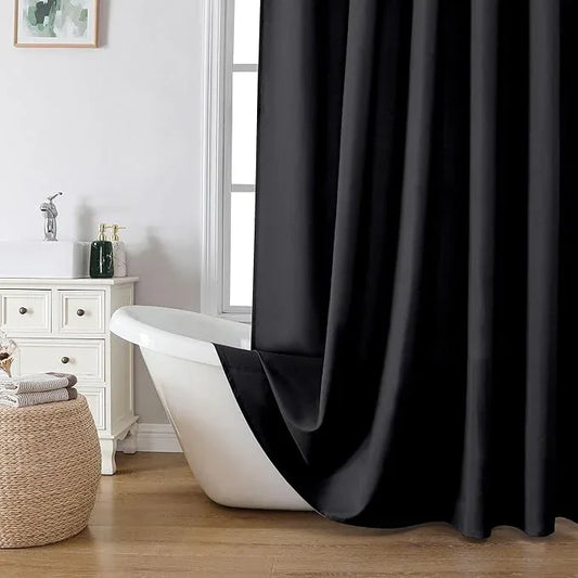 OVZME Zora 96 Inch Shower Curtain Set with 12 Plastic Hooks, Plain Fabric Black Shower Curtain for Bathroom - Extra Long Shower Curtain, Water Resistance, Machine Washable Soft Cloth, 72WX96L, Black - ModernBath