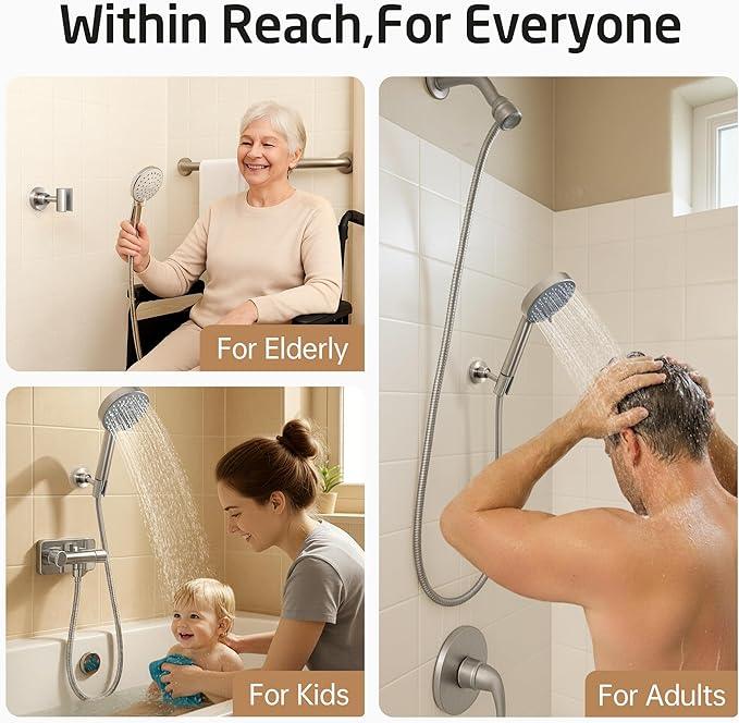 KES All Metal Shower Head Holder Adhesive, Handheld Shower Head Holder Wall Mount with Dual-Size Opening for Standard & Oversized Shower Hose, Adjustable Shower Wand Holder, Brushed Steel, C208DF-BS - ModernBath