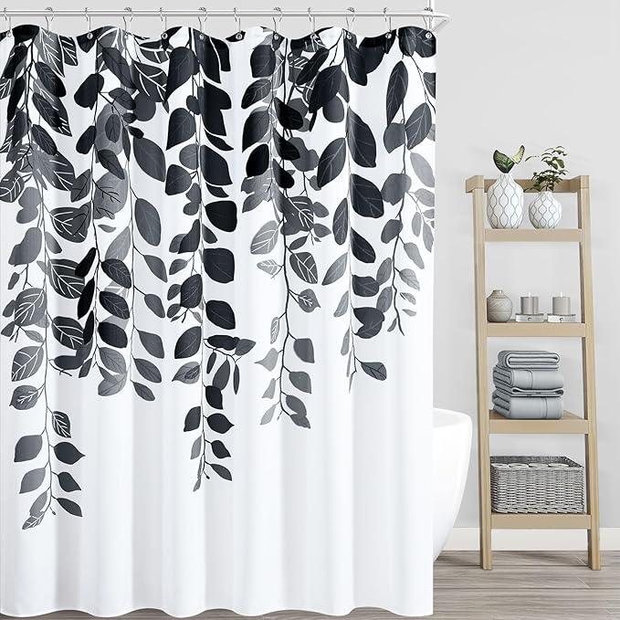 BOODII Black Floral Shower Curtain for Bathroom Black and White Eucalyptus Shower Curtain Watercolor Leaves Nature Botanical Bathroom Set Mens Flower Plant Bath Decor with Hooks 72x72 - ModernBath