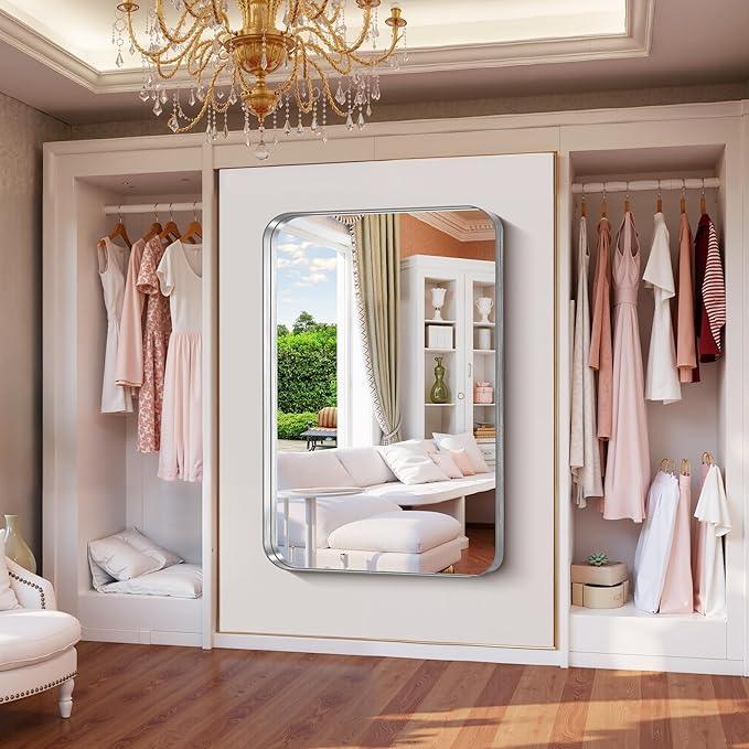 FORBATH 55x36 Inch Large Bathroom Mirror for Double Sinks, Brushed Silver Deep Frame Wall Mirror with Rounded Corners, Anti-Rust Tempered Glass for Modern Farmhouse Vanity (Horizontal/Vertical) - ModernBath