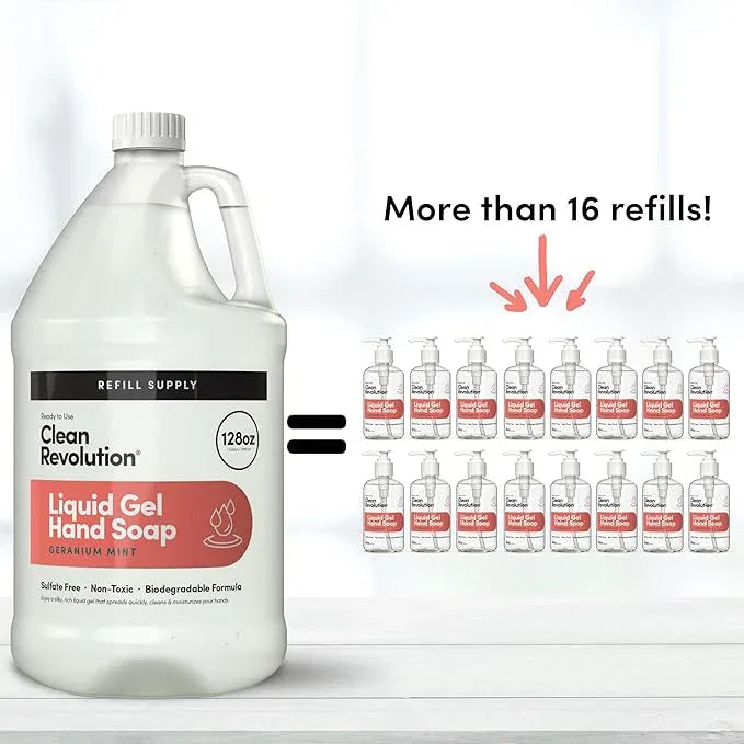 Clean Revolution Liquid Gel Hand Soap, Silky Rich Liquid, Quick Lather, Fast Rinsing, Contains Real Essential Oils (Geranium Mint) 128 Fl Oz - ModernBath