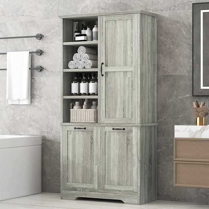 Bathroom Storage Cabinet with Doors and Drawers, Tilt-Out Laundry Hamper, Multiple Storage Space, Freestanding Style, Open Shelve, Adjustable Shelf (Oak) - ModernBath