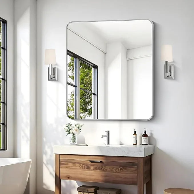 CIVENO 36x40 Inch Silver Bathroom Mirror, Metal Framed Silver Rectangle Mirrors, Rounded Rectangular Vanity Mirror, Wall Mounted Mirrors for Living Room Bedroom Entryway Hangs Horizontal or Vertical - ModernBath