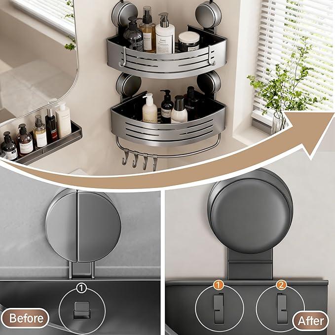 Structoline Corner Suction Cup Shower Caddy(2-Pack Gray),No-Drilling Aluminum Shower Shelf with Towel Bar & Hooks,Removable Bathroom and Kitchen Storage Organizer. - ModernBath