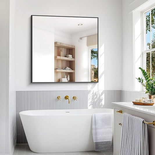 BONEWEI Bathroom Mirror,48x48 inch Large Wall Mirror for Bathroom Wall Mounted,Black Rectangle Wall Mirrors,Square Mirror for Living Room,Farmhouse, Bedroom Entryway, Horizontal/Vertical