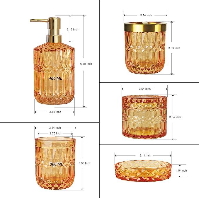 LaMarriti Orange Bathroom Accessories Set, 5Pcs Clear Glass Bathroom Set, Lotion Soap Dispenser, Soap Dish, Tumbler, Toothbrush Holder Set, Qtips Holder for Vintage Bathroom Decor, Gift Set - ModernBath