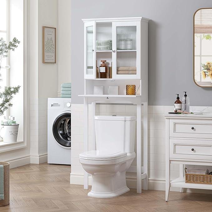 Spirich Over The Toilet Storage Cabinet with Muro Glass Doors, Over Toilet Bathroom Organizer with Tilt-Out Cube and Adjustable Shelf, White - ModernBath