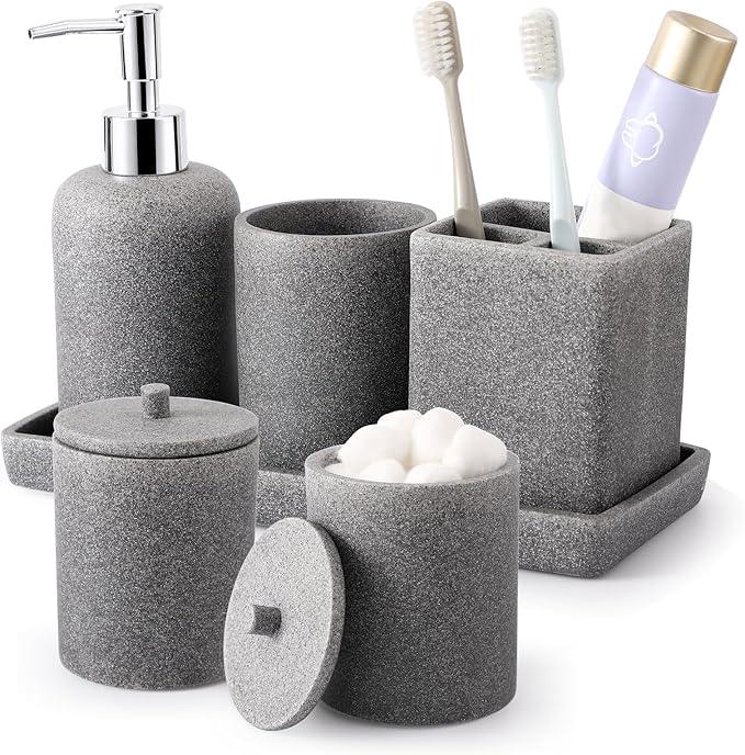 Resin 6 Pcs Gray Bathroom Set Complete with Toothbrush Holder, Lotion Soap Dispenser, 2 Qtip Holder Dispensers,Vanity Tray,Bathroom Tumbler - Countertop Vanity Organizer - Bathroom Accessories Set - ModernBath