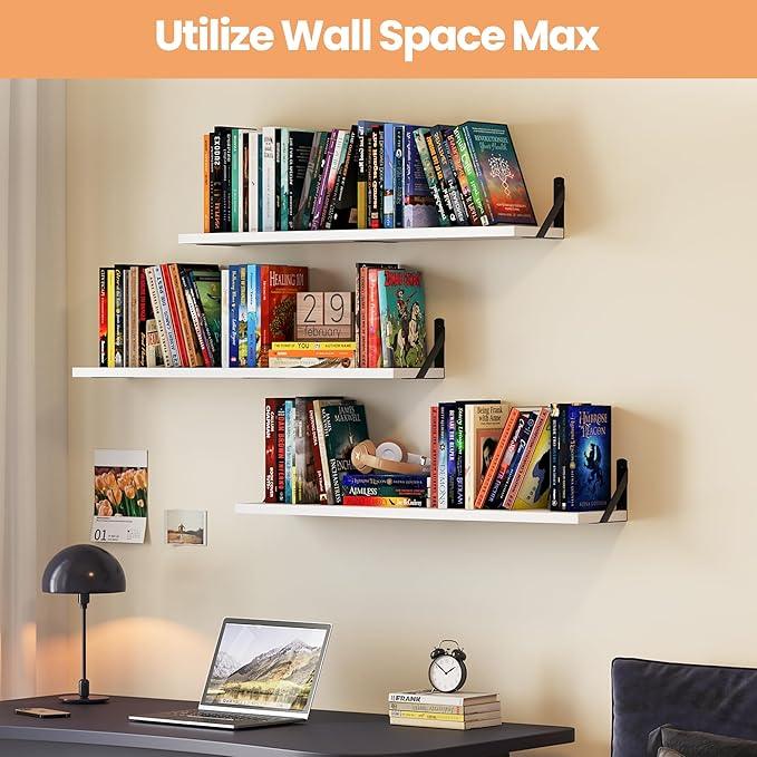 upsimples Floating Book Shelves for Wall, 35.4 Inches Long Floating Wood Shelves for Living Room, Library, Bedroom, Office Organizer and Storage, White - ModernBath