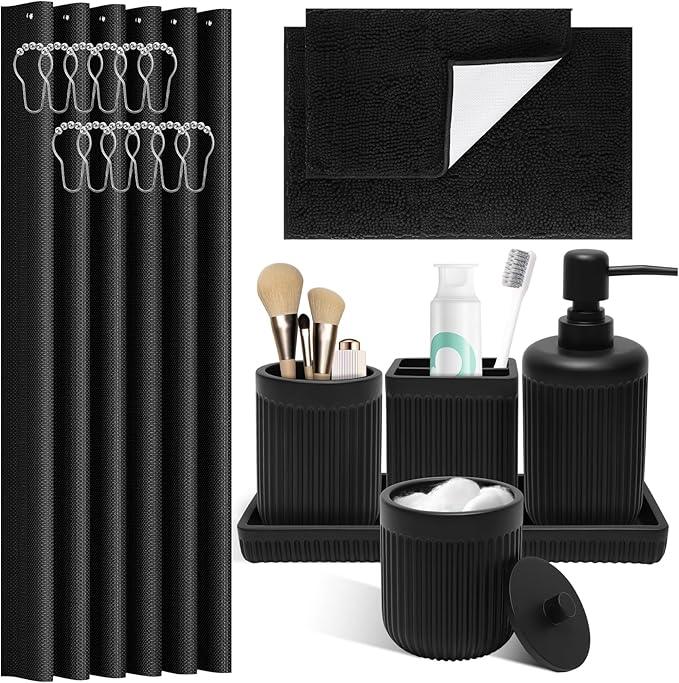 XLHOMO 8-Piece Matte Black Bathroom Set - Luxury Resin Bathroom Accessories Sets Complete with Shower Curtain and Rugs, Soap Dispenser, Toothbrush Holder, Cup, Apothecary Jars & Tray - ModernBath