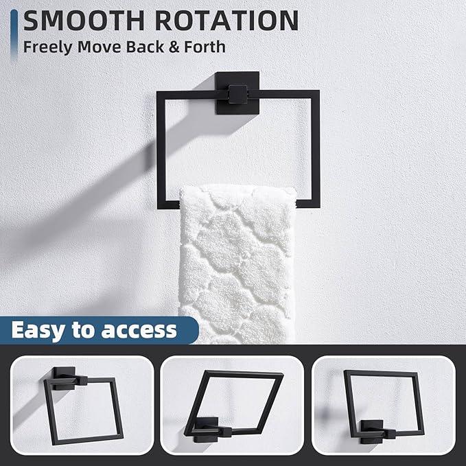 Angle Simple Square Towel Ring Matte Black, SUS 304 Stainless Steel Bathroom Swivel Hand Towel Holder Rack 7.09 Inches, Wall Mount - ModernBath