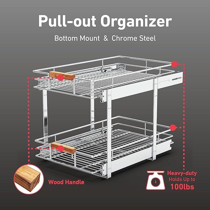 Pull Out Cabinet Organizer(11" W x 21" D), 2 Tier Wire Basket Slide Out Shelf Storage with Wood Handle, Pull Shelf Drawers for 12-1/4” Cabinet Opening, Chrome - ModernBath