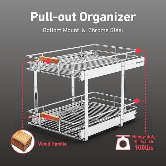 Pull Out Cabinet Organizer(11" W x 21" D), 2 Tier Wire Basket Slide Out Shelf Storage with Wood Handle, Pull Shelf Drawers for 12-1/4” Cabinet Opening, Chrome - ModernBath
