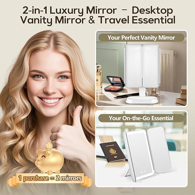 GOMIPURU Vanity Mirror with Lights, Lighted Makeup Mirror with 30X/10X/5X Magnification, Rechargeable Trifold Mirror with 3 Color & Adjustable Brightness, Travel Makeup Mirror with Lights for Desk - ModernBath