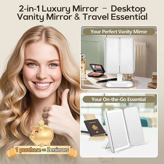 GOMIPURU Vanity Mirror with Lights, Lighted Makeup Mirror with 30X/10X/5X Magnification, Rechargeable Trifold Mirror with 3 Color & Adjustable Brightness, Travel Makeup Mirror with Lights for Desk - ModernBath