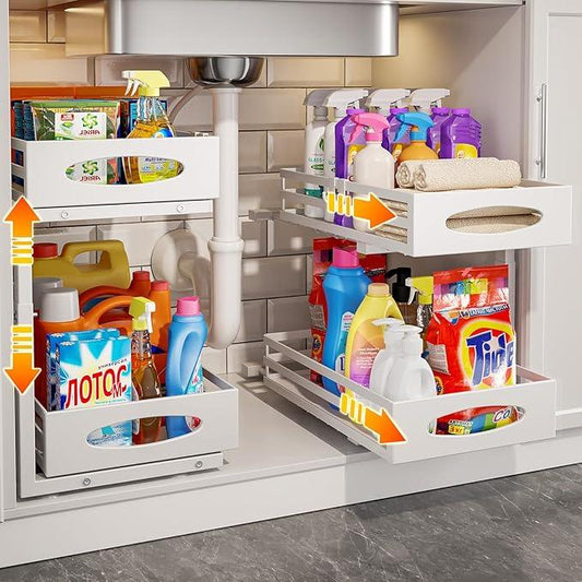 Under Sink Organizer, 2 Tier Under Sink Organizers and Storage, Adjustable Height, Slide out Metal Cabinet Organizers, Pull out Cabinet Storage Drawer Shelf for Kitchen Bathroom - ModernBath