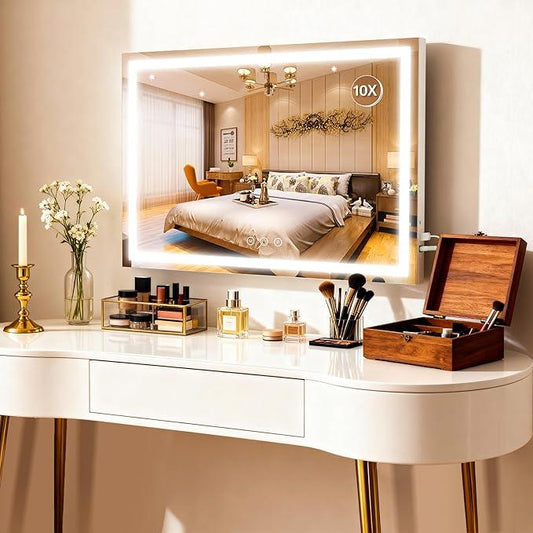 ROLOVE Large Vanity Mirror with Lights 35.5" x 27", LED Hollywood Makeup Mirror with USB Charging Port, 3 Color Modes, Dimmable Touch Control, 10X Magnification, Wall Mounted or Tabletop - ModernBath