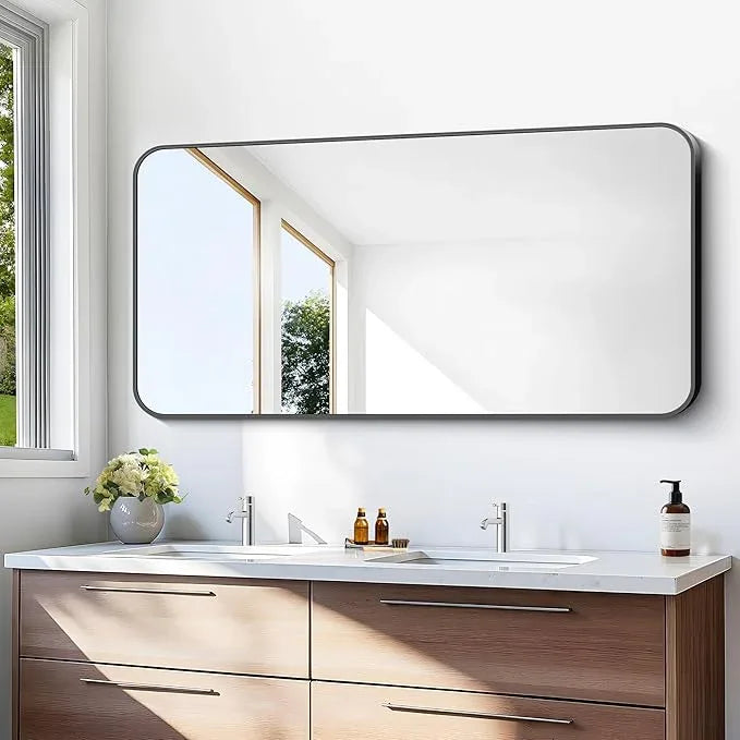 BONEWEI 24x48 inch Bathroom Mirror,Black Rectangle Mirror,Wall Mounted Bathroom Frame Vanity Mirror with Round Corner for Bedroom Living Room, Entryway Hangs Horizontal or Vertical - ModernBath