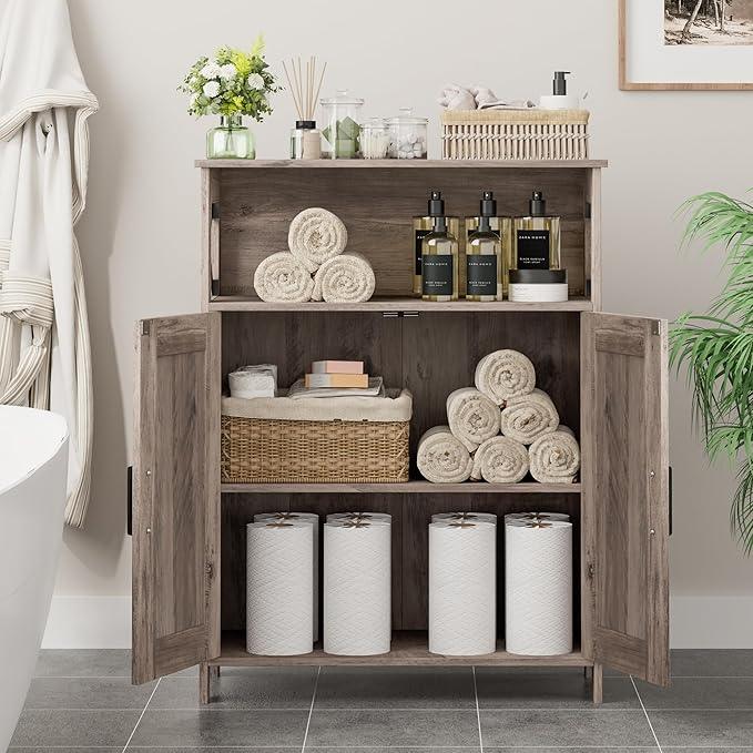Homhedy Farmhouse Bathroom Storage Cabinet with 2 Doors, Toilet Paper Cabinet with Adjustable Shelves, Small Bathroom Cabinet for Kitchen/Laundry/Living Room, 11.8 x 23.6 x 31.5 Inches, Greige - ModernBath