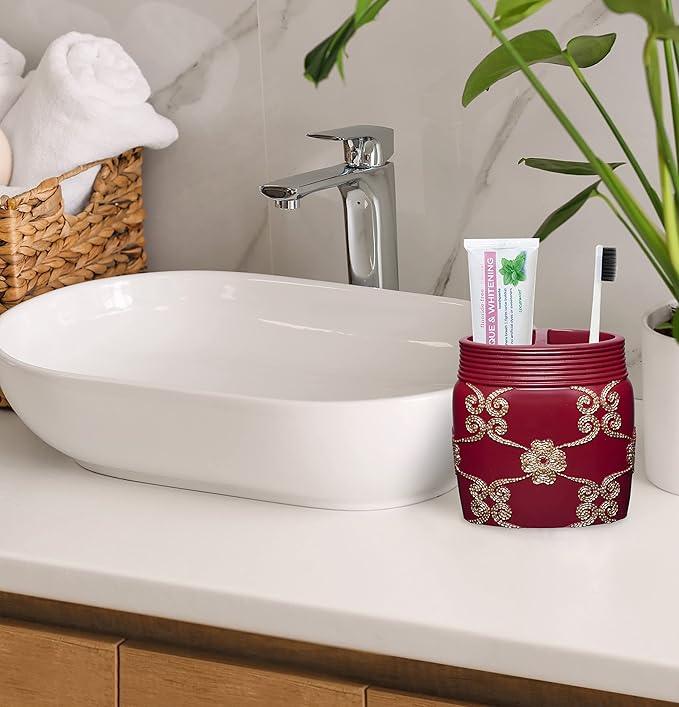 Zahari Home 4pc Elegant Rose Burgundy Bathroom Set Classic Bathroom Lotion Dispenser, Tumbler, Toothbrush Case and Bar Soap Holder Modern Uunique Design Burgundy Red Bathroom Accessories - ModernBath
