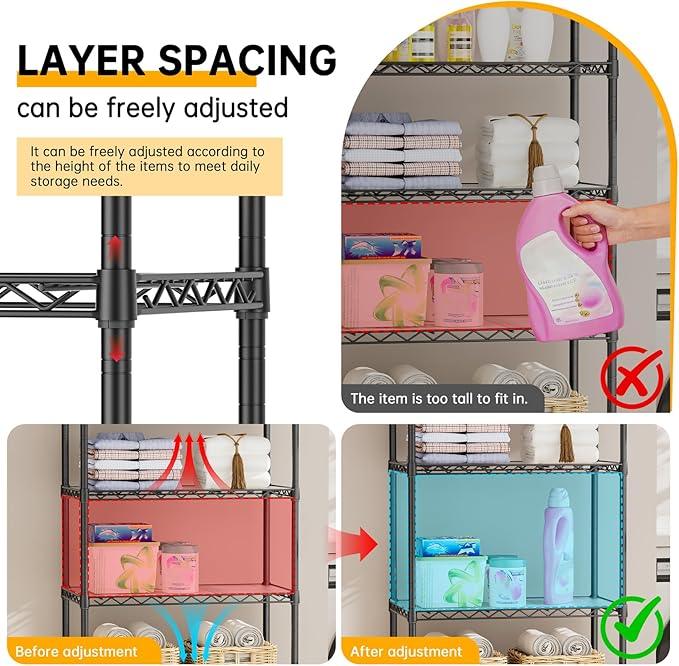 SINGAYE Shelf Closet Wire Shelving：Adjustable Metal Unit for Laundry Room Organization Bathroom Kitchen Home Storage with Wheels Pantry Rack Shelves - ModernBath