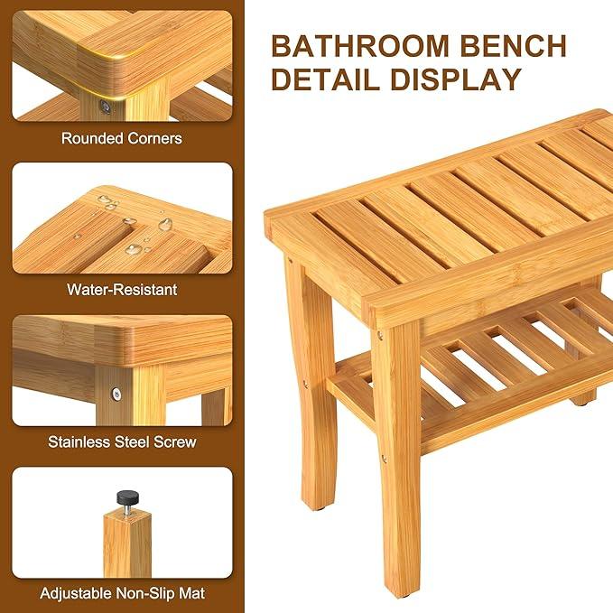 Bamboo Shower Bench Stool with Storage Shelf Waterproof Shower Chair Spa Bath Seat First Apartment Essentials New Home Must Haves Things Stuff Accessories House Warming Hostess Host - ModernBath
