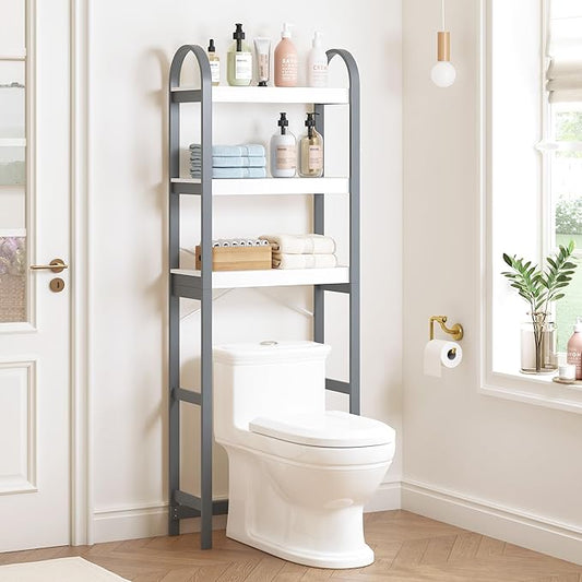 Spirich Over The Toilet Storage Shelf, 3-Tier Over Toilet Bathroom Organizer, Space-Saving Above Toilet Storage Shelf Rack with Bamboo Frame, Gray