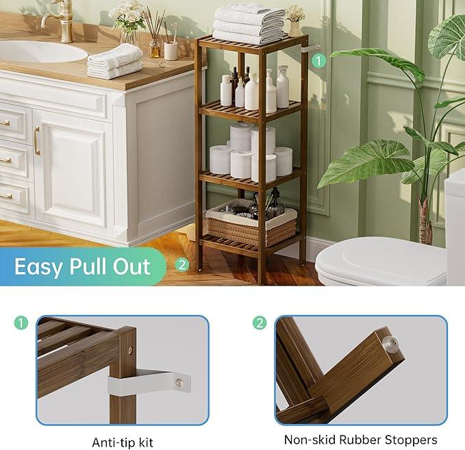 SMIBUY Bathroom Storage Shelf, 4-Tier Bamboo Rack Organizer, Multifunctional Shelving Unit for Living Room Bedroom Kitchen (Walnut) - ModernBath