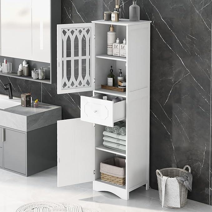 Tall Bathroom Storage Cabinet with 2 Doors & Drawer, 64" H Bathroom Cabinets Freestanding, Slim Linen Cabinet with Adjustable Shelves, Narrow Linen Tower for Living Room, Laundry Room, White - ModernBath