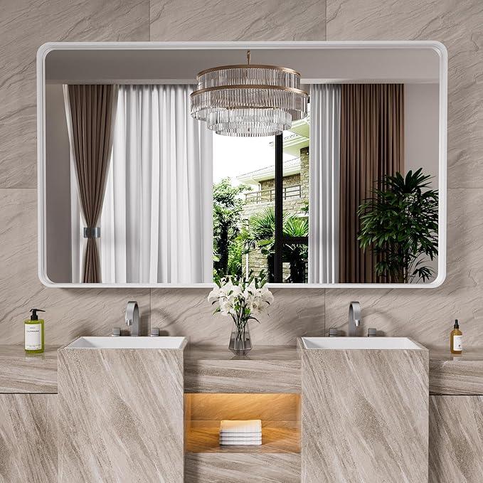 JISOSO White Bathroom Mirror 60x30 Inch, White Metal Framed Bathroom Mirror for Wall, Rounded Rectangle Matte Bathroom Vanity Mirror, Tempered Glass, Anti-Rust, Horizontal/Vertical - ModernBath