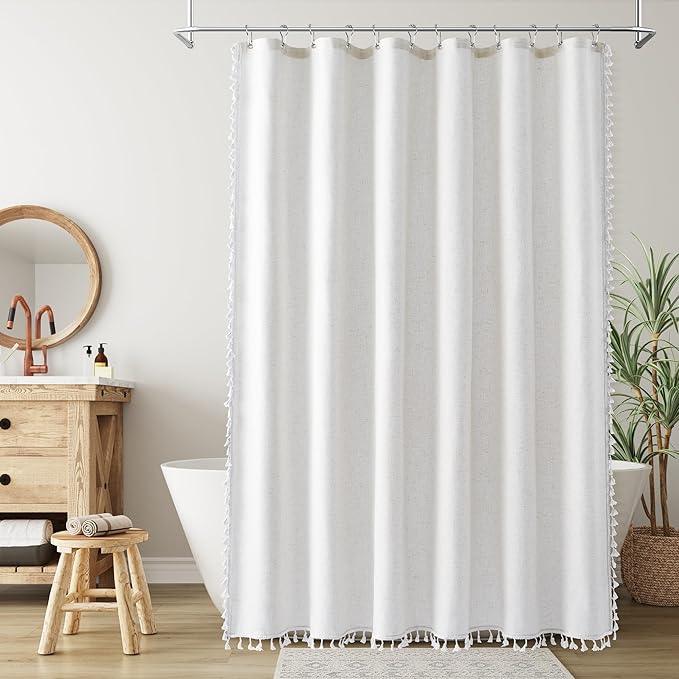 Nanspring Beige White Boho Linen Shower Curtain 78 Inch Long Weighted Tassel Chic Fancy Vintage Country Fabric Shower Curtain Set with Hooks Modern Neutral Decorative Bath Accessories Decor 72x78 - ModernBath