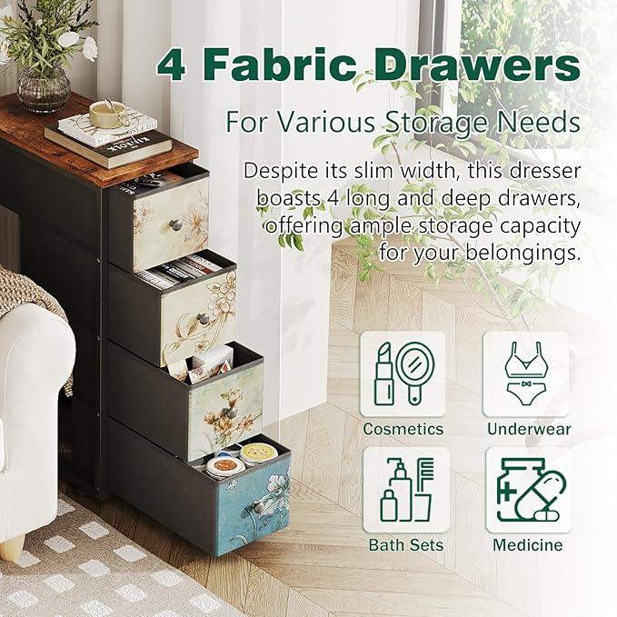 Narrow Dresser, Narrow Nightstand Dresser Storage Tower with 4 Drawers, Slim Fabric Dressers Chest of Drawers for Small Spaces, Retro Flower Dressers, for Bedroom Bathroom Laundry Closet, Vintage - ModernBath