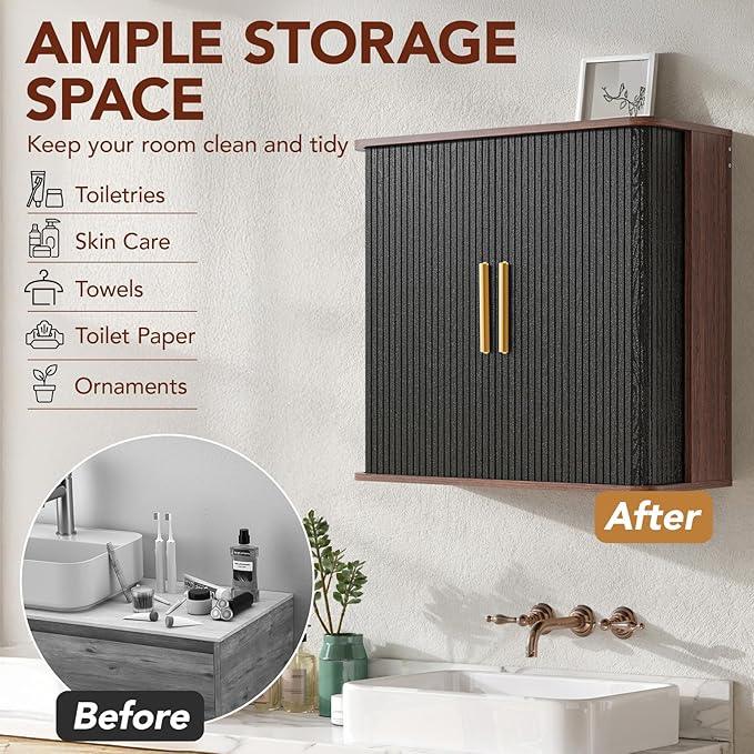 Laundry Room Wall Cabinet with Fluted Sliding Door, 29.5" W Bathroom Medicine Cabinet with Adjustable Shelf, Wall Mounted Storage Cabinet for Living Room Kitchen, 11.7" D x 29.5" W x 27.68" H - ModernBath