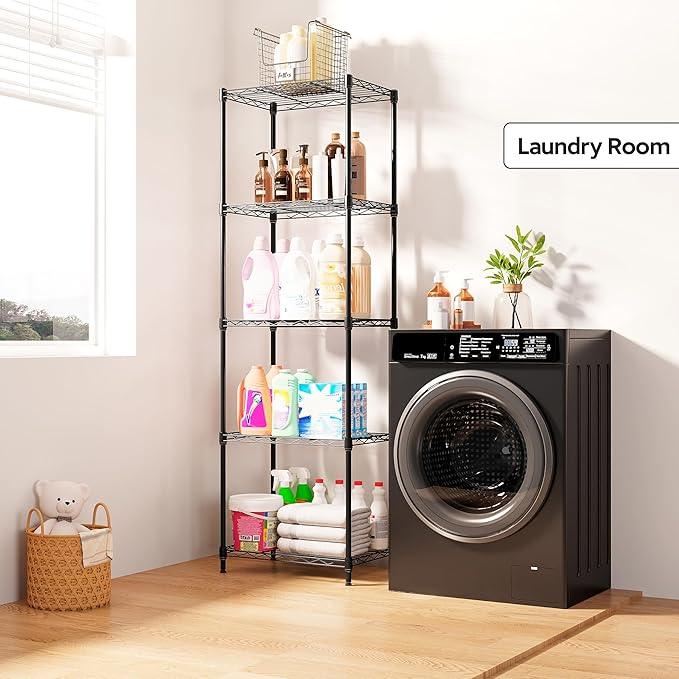 5 Tiers Shelf Metal Storage Shelves Wire Rack Closet Organizers with Wheel for Garage Kitchen Bathroom Laundry Black 11.8" D x 17.7" W x 55" H - ModernBath