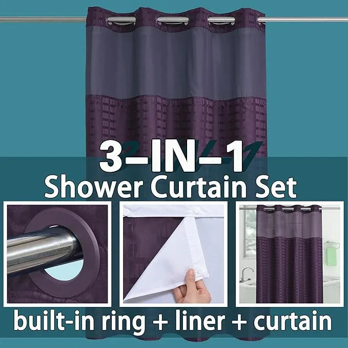 Conbo Mio Stall No Hook Shower Curtain with Snap in Liner Set, Hotel Luxury Purple Shower Curtains for Bathroom with See Through Top Window, Waterproof, Washable 54W x 74H - ModernBath