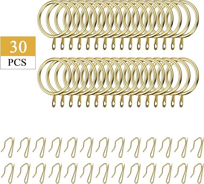 Hotop 30 Pcs Metal Drapery Curtain Rings 0.98/1.26/1.65 inch Interior Diameter and 30 Pcs Hanging Curtain Drapery Pin Hooks for Window Door Shower(Gold,42 mm) - ModernBath