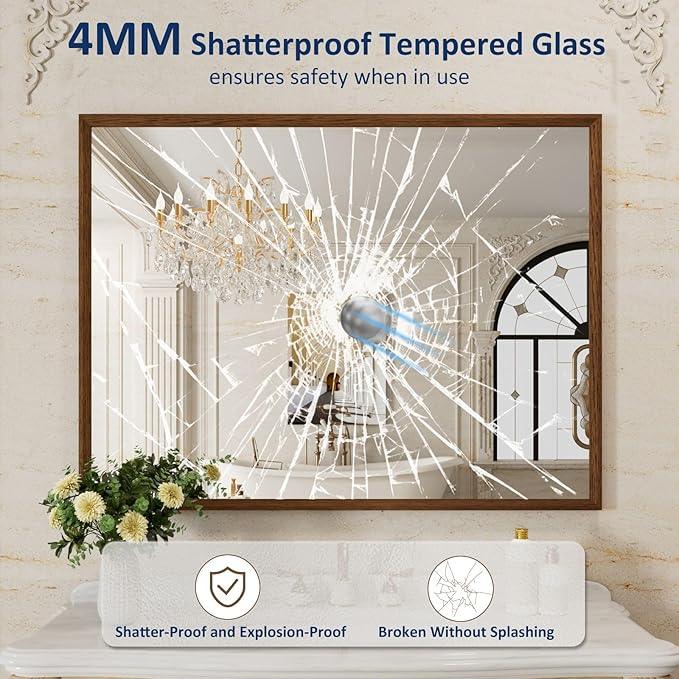 WEER Bathroom Mirror, 48x36 Inch Wall Mirror, Walnut Wood Grain Framed Mirror, Rectangle Vanity Mirror, Tempered Glass, Anti-Rust, Hangs Horizontally or Vertically - ModernBath