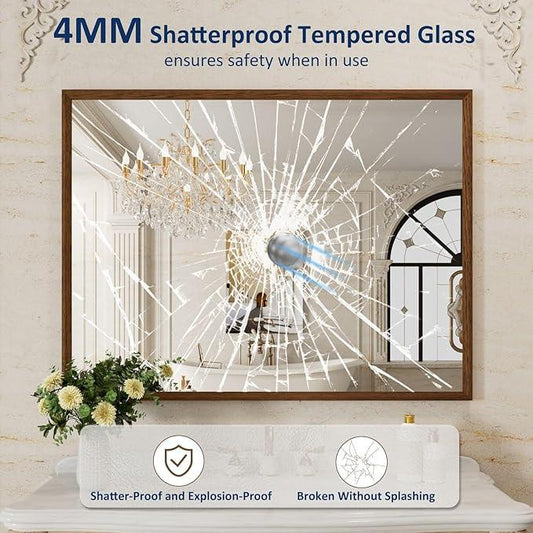 WEER Bathroom Mirror, 48x36 Inch Wall Mirror, Walnut Wood Grain Framed Mirror, Rectangle Vanity Mirror, Tempered Glass, Anti-Rust, Hangs Horizontally or Vertically - ModernBath