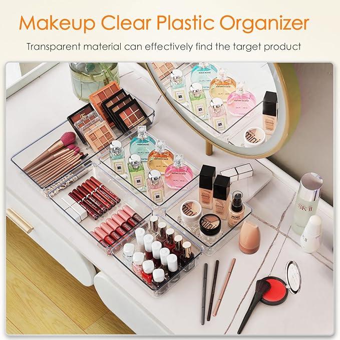 Criusia Drawer Organizer, 10 Pack Large Clear Plastic Set, 3 Size Versatile Bathroom and Vanity Organizer Trays, Storage Bins for Makeup, Bedroom, Kitchen Utensils - ModernBath