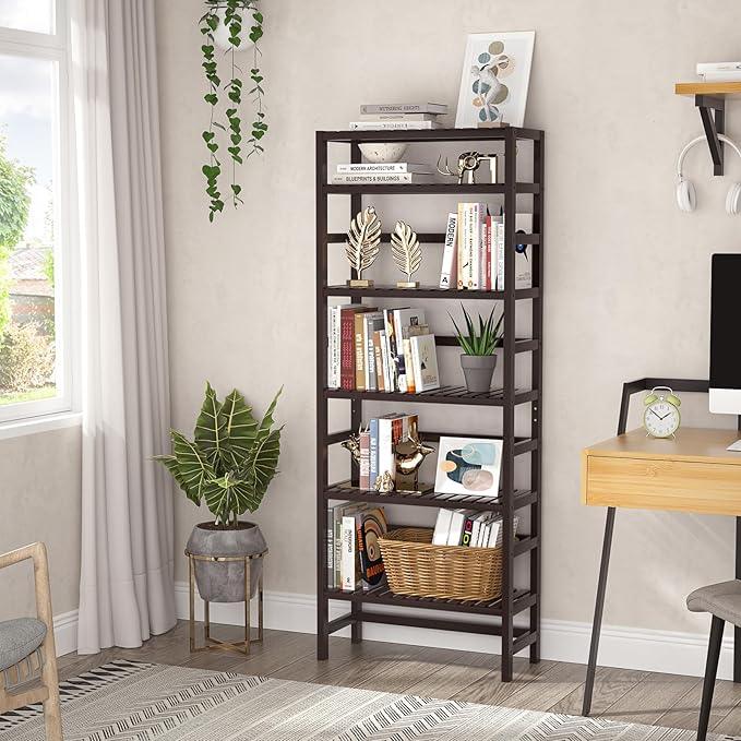Homykic 6-Tier Bamboo Bookshelves and Bookcases, Adjustable 63.4”Tall Shallow Book Shelf Organizer Rack, Freestanding Storage Shelving Unit for Living Room, Kitchen, Bathroom, Office, Espresso - ModernBath